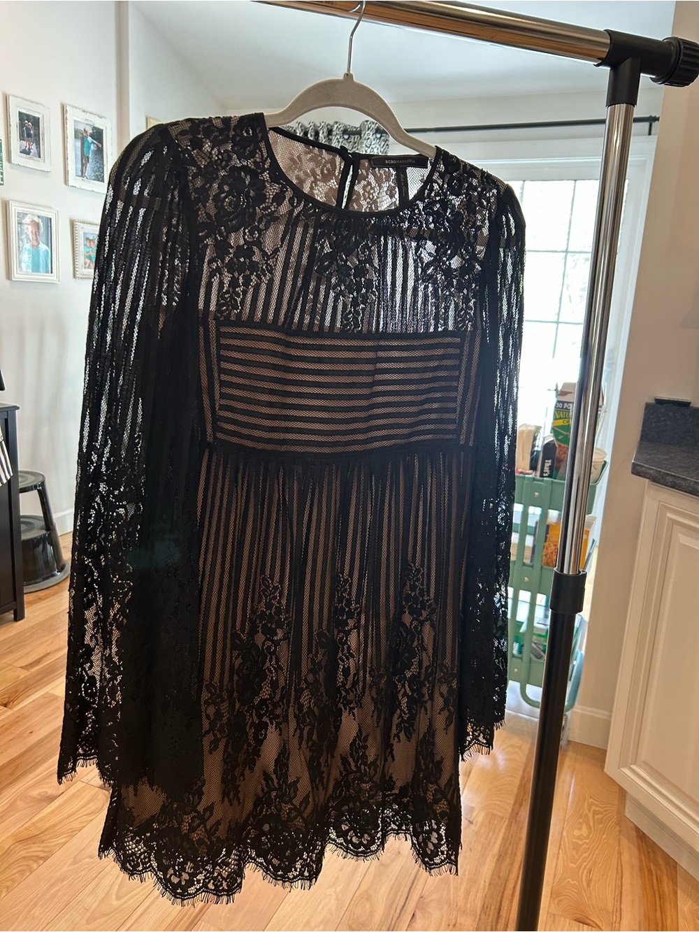 BCBGMaxAzria Luann Scalloped Black Lace Long-Sleeve Overlay Dress